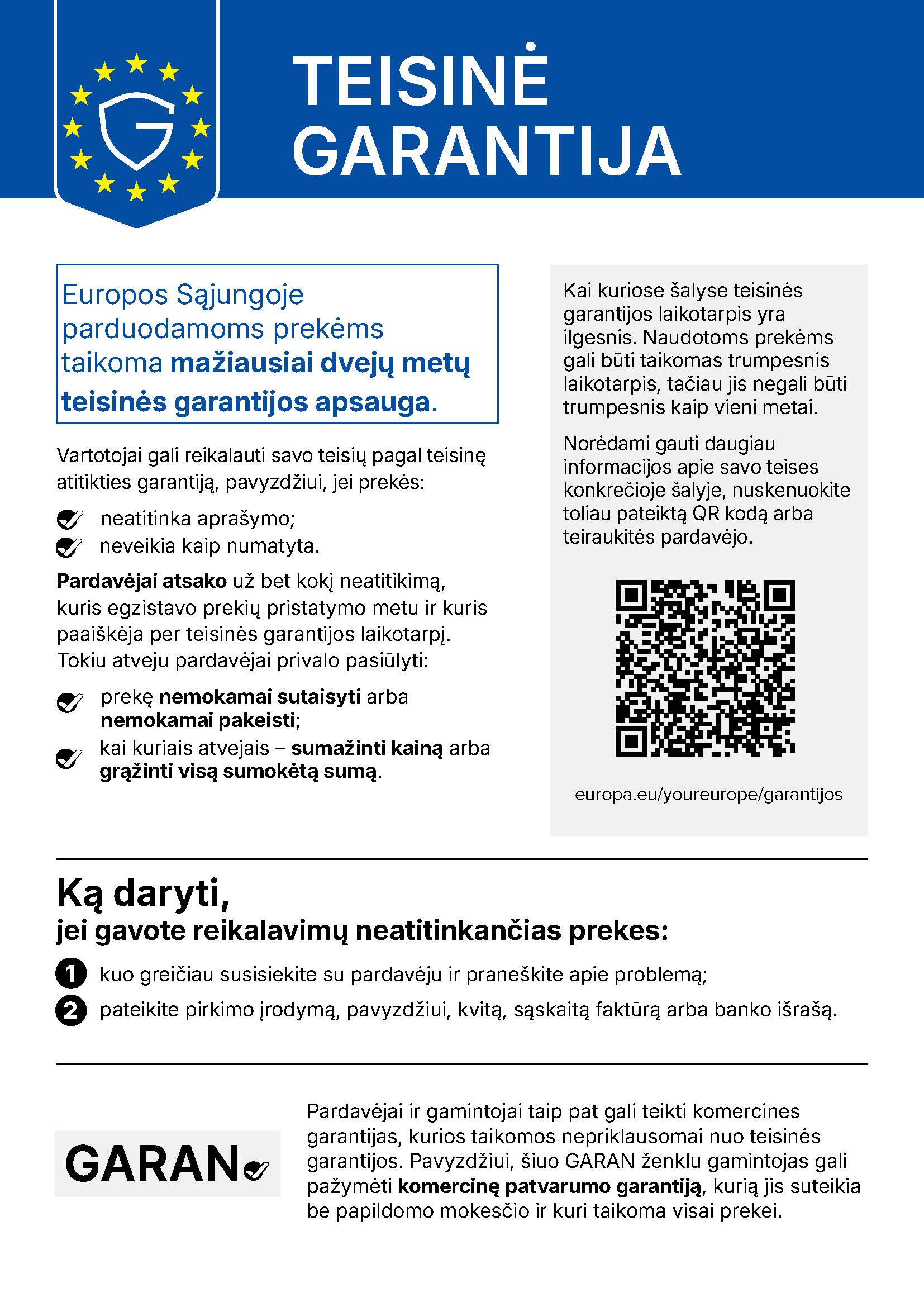 ES suderintas pranešimas apie teisinę prekių atitikties garantiją